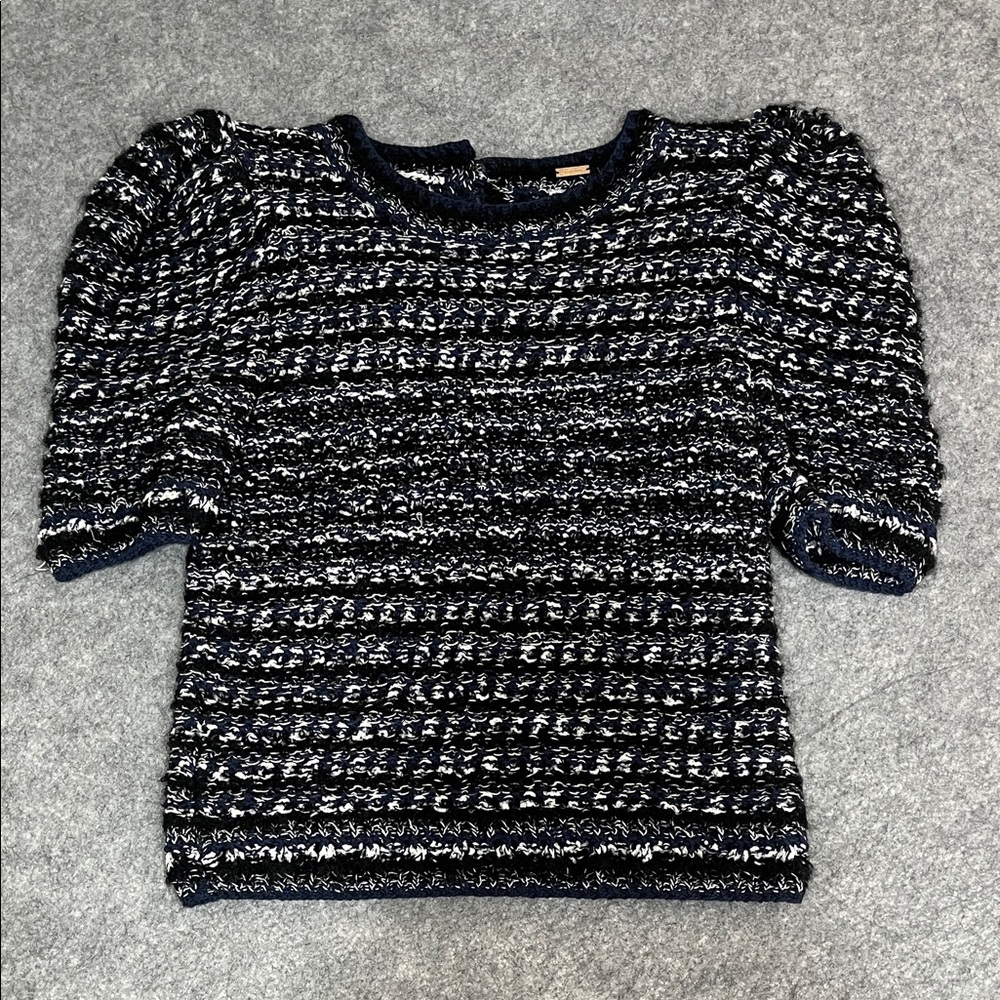 Adam Lippes Navy and White Textured Puff Shoulder Knit Sweater Top